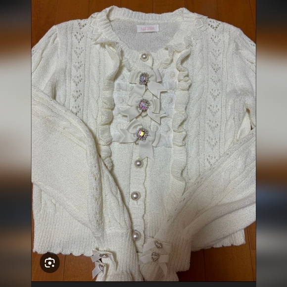 LIZ LISA Sweaters - LIZ LISA Cream Cardigan with Bow and Jewel Accents